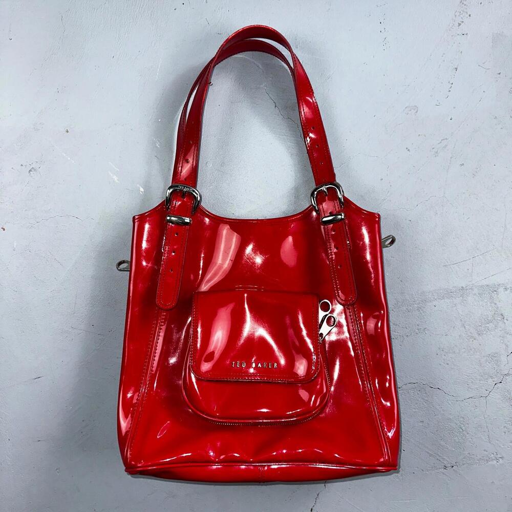 Ted Baker Red Patent Leather Quilted Large Stitch Tote Bag Purse Statement Y2K